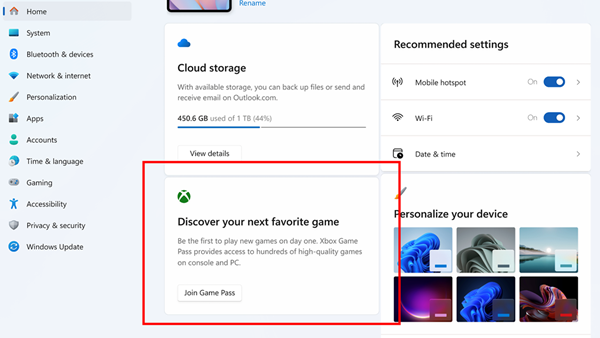 Microsoft Tests Adding Game Ads to Windows 11 Settings Homepage to Lure Users into Trying More New Games