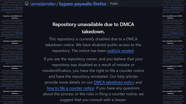 Copyright Alliance Strikes Back: Bypass Paywalls Clean Extension and Its 3,879 Forks Removed Following DMCA Complaints