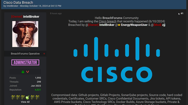 Hacker Claims to Have Stolen a Massive Amount of Cisco's Internal Confidential Data and Plans to Sell It, Including Source Codes and Various Keys