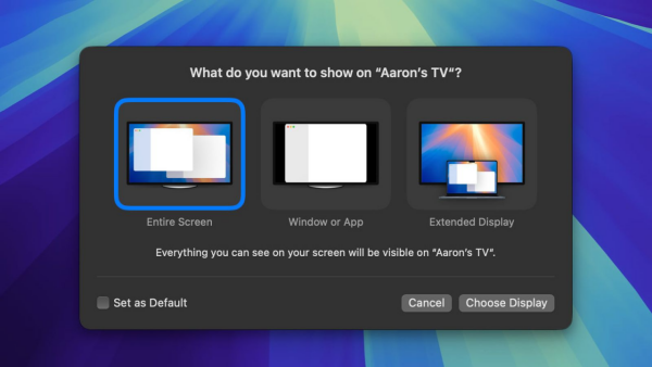 Apple Adds New Option for AirPlay Screen Sharing in macOS 15.2: Option to Share Specific Windows Only