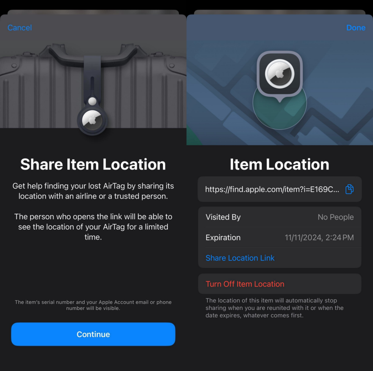 Features of the shared location tracking links